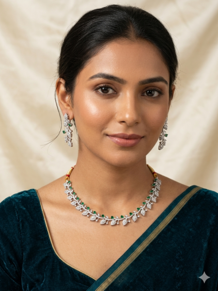 Green Stone Floral Statement Necklace Set