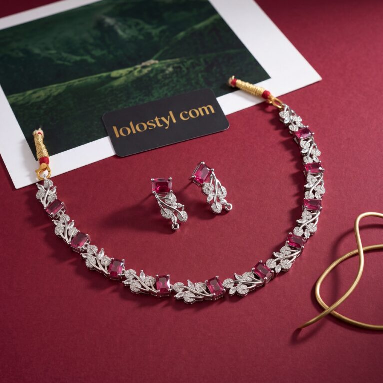Red stone floral statement necklace set